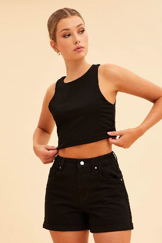 Black Essential Cotton Stretch Crop Tank