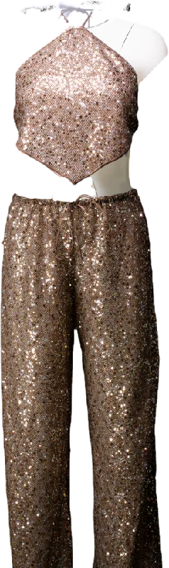 Oséree Metallic Sequin Flared Trousers And Crop Top UK S