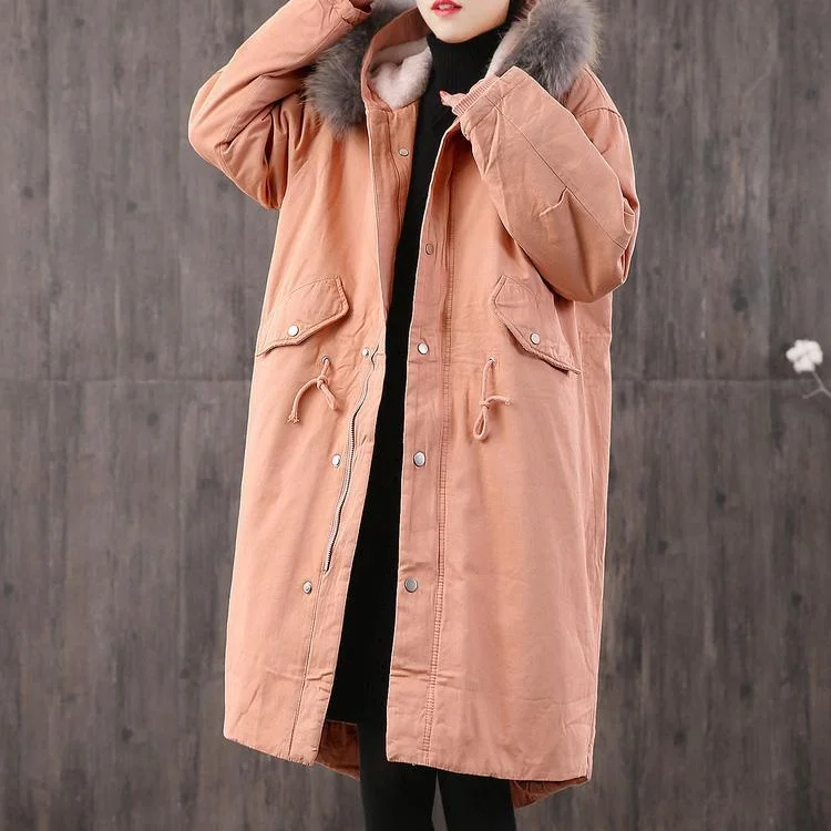 thick light orange women parka plus size outwear faux fur collar pockets