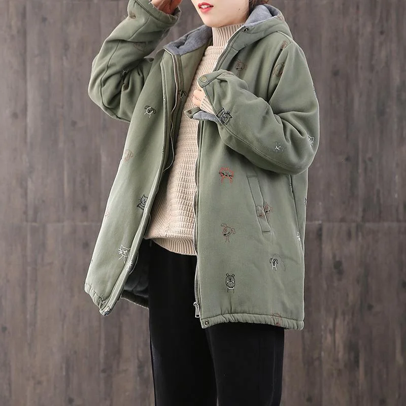 Warm green embroidery Parkas for women casual hooded drawstring winter coats